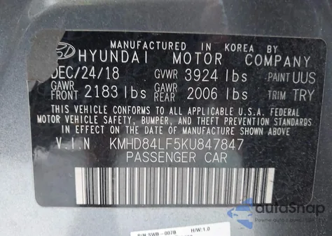 2019 Hyundai Elantra Limited из США, поврежденный, VIN KMHD84LF5KU847847